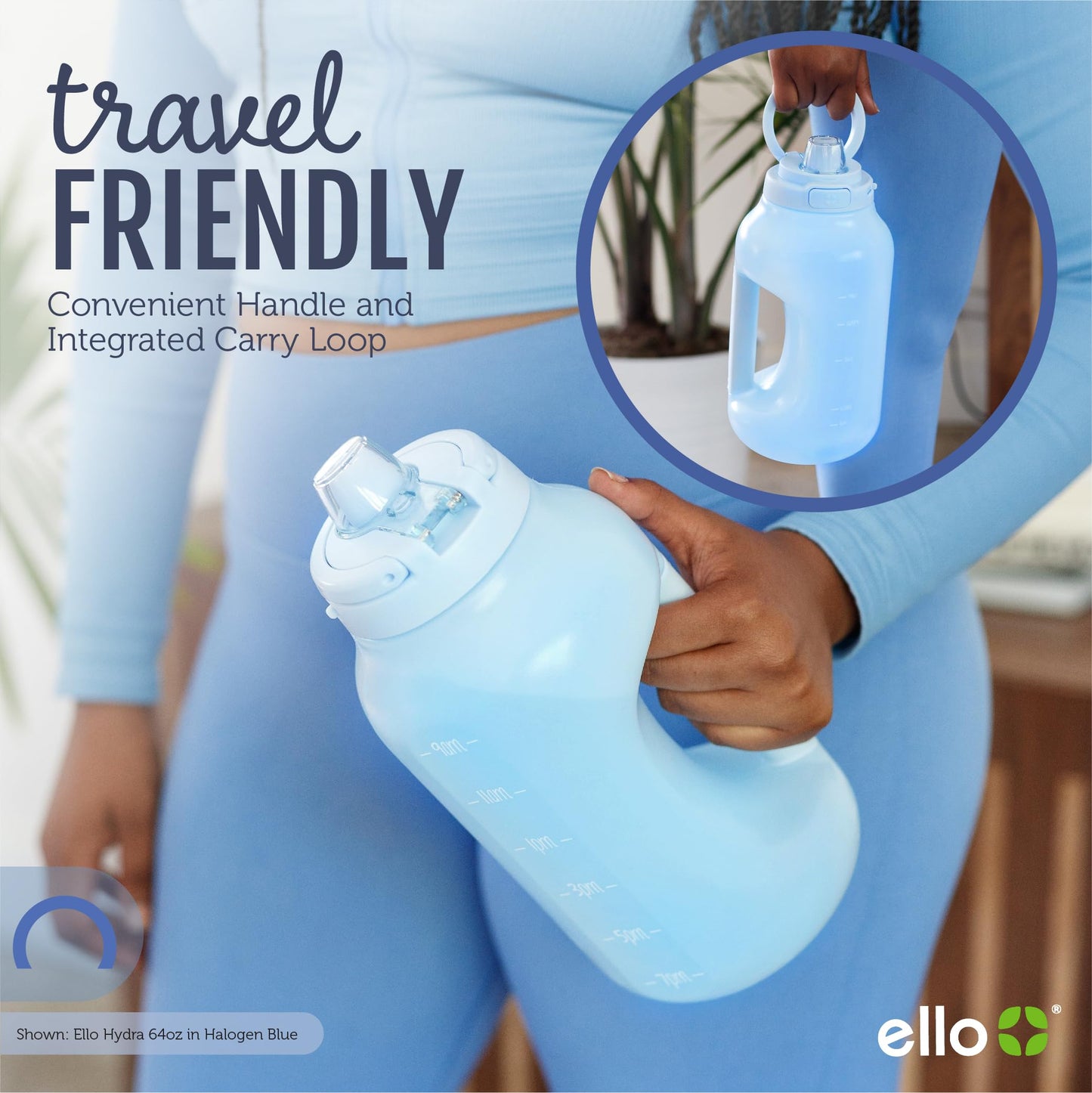 Ello Hydra 64oz Half Gallon Water Jug with Handle and Motivational Time Markers for All Day Hydration, Plastic Reusable Water Bottle with Straw and Locking, Leak Proof Lid, BPA Free, Grey