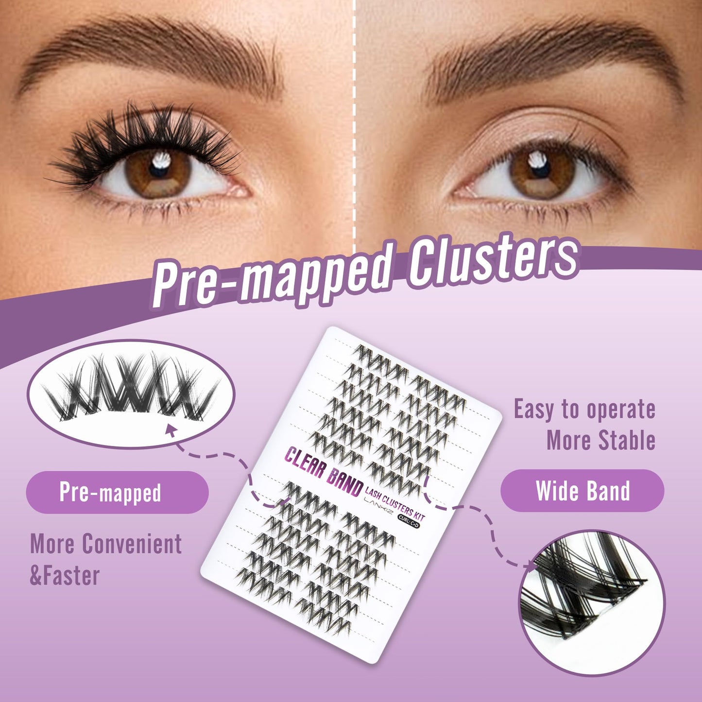 Lash Clusters Kit – LANKIZ Wispy & Fluffy Natural Eyelash Extensions, Invisible Band Individual Lashes Clusters, C+D Curl DIY Lash Extension Kit with Bond & Seal Glue for Beginners (Floral)