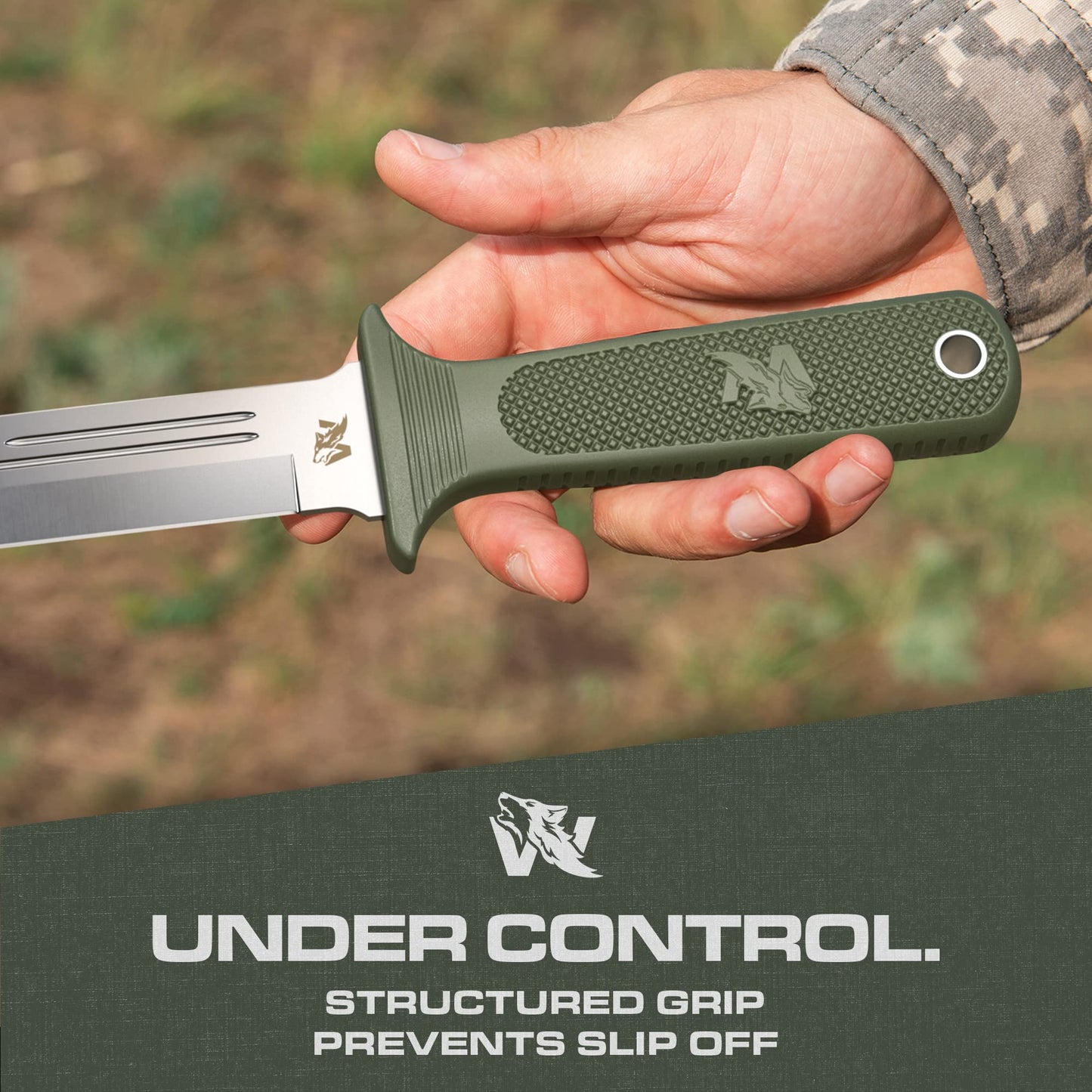 ODENWOLF W-Catcher Fixed Blade Knife with Sheath - Large Hunting Knife made of D2 steel - Big Fixed Blade Double Edge Knife with Non-Slip TPE Handle - Full Tang Survival Knife for Outdoor Activities