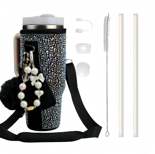 Water Bottle Carrier Bag for Stanley 41oz Tumbler - Stanley Cup Belt Bag with Adjustable Strap, Straw Cover & Pompom Keychains - Stanley Cup Accessories (Black Diamond)