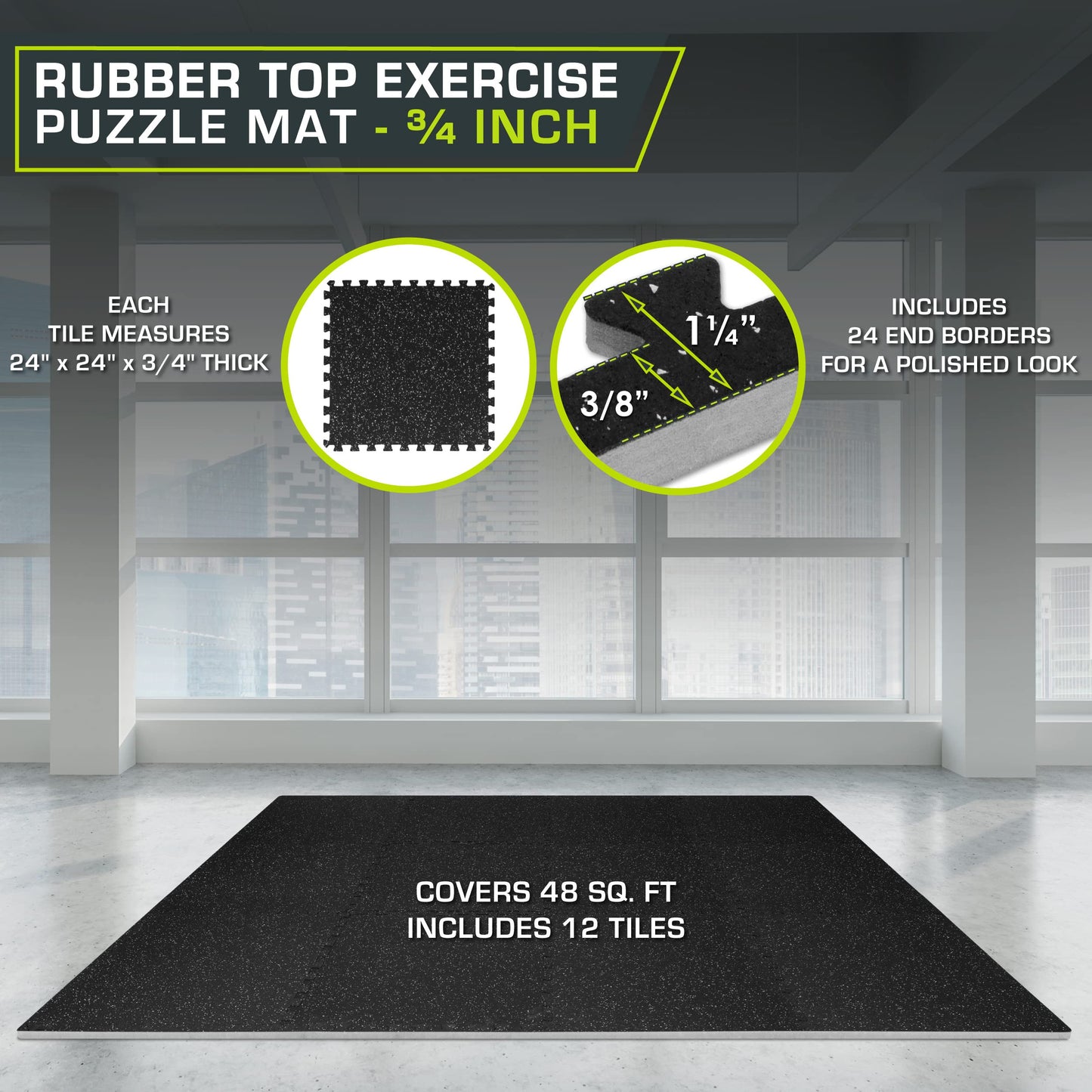 ProsourceFit Rubber Top Exercise Puzzle Mat 3/4-inch, 48 SQFT, 12 Tiles, EVA Foam Interlocking Tiles for Home Gym Protective Flooring for Equipment and Workouts, Grey