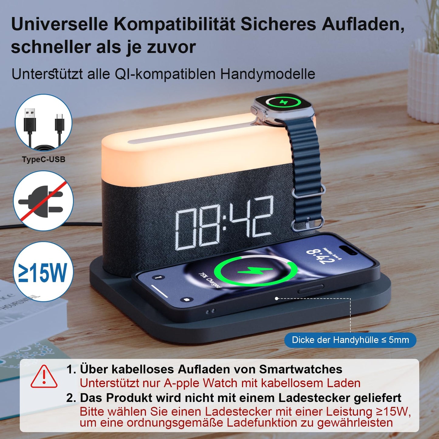 HOURUNTAIL Alarm Clock with Multi-Function Mobile Phone Watch Wireless Charging 15W Max Touch Bedside Lamp,3 Colors nightlight, Sleep Timer for Bedroom,Bedside,Desk