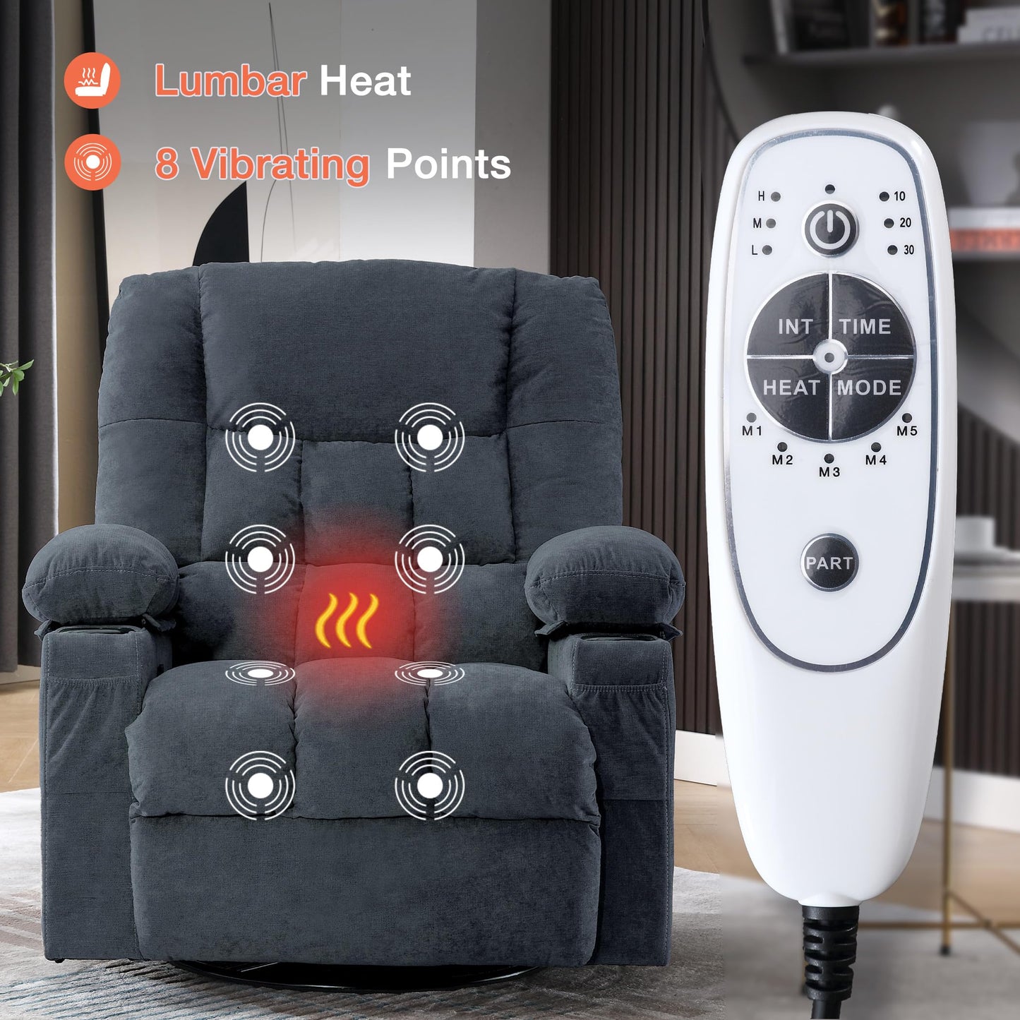 Massage Swivel Recliner Chair with Vibration Massage and Lumbar Heating for Adults, Oversized Rocker Recliner Single Sofa with Side Pocket, Two Cup Holders and USB Charge Port for Living Room