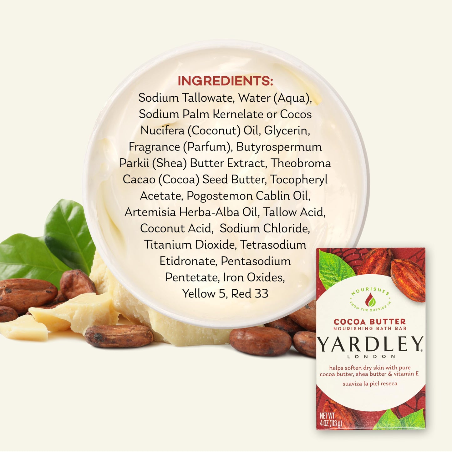 Yardley London Nourishing Bath Soap Bar Cocoa Butter, Helps Soften Dry Skin with Pure Cocoa Butter, Shea Butter & Vitamin E, 4.0 oz Bath Bar, 1 Soap Bar (Pack of 3)