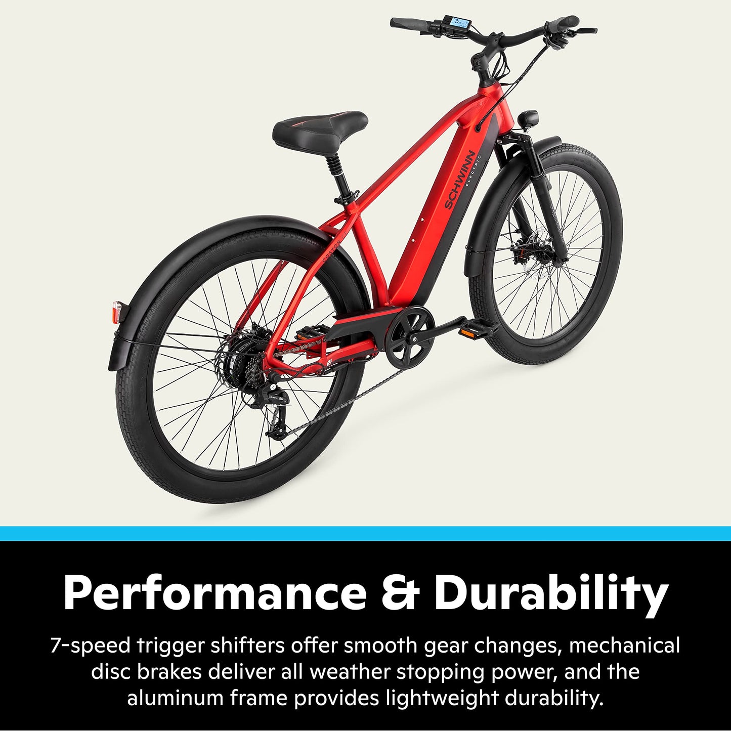 Schwinn Coston CE Hybrid Electric Bike for Adults, 20MPH eBike, Up to 35 miles on a Single Charge, 27.5-Inch Wheels, 7-Speed, Small/Medium Step-Over Frame, Matte Red
