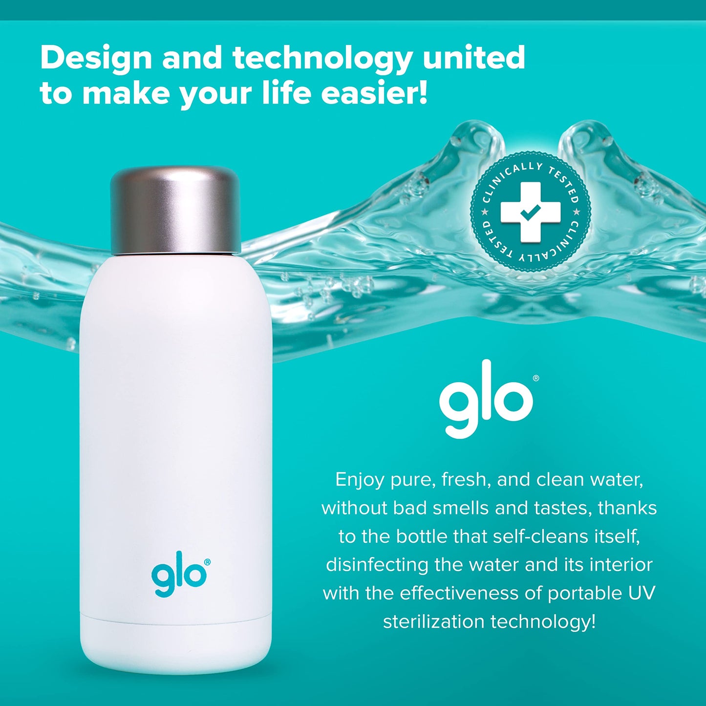 Glo - UV Water Smart Bottle | Eliminates Bad Odor and Taste | Double Insulation Stainless Steel BPA Free 400ml | Keeps Water Hot 12h and Cold 24h | Perfect for Camping Hiking Cycling and Survival