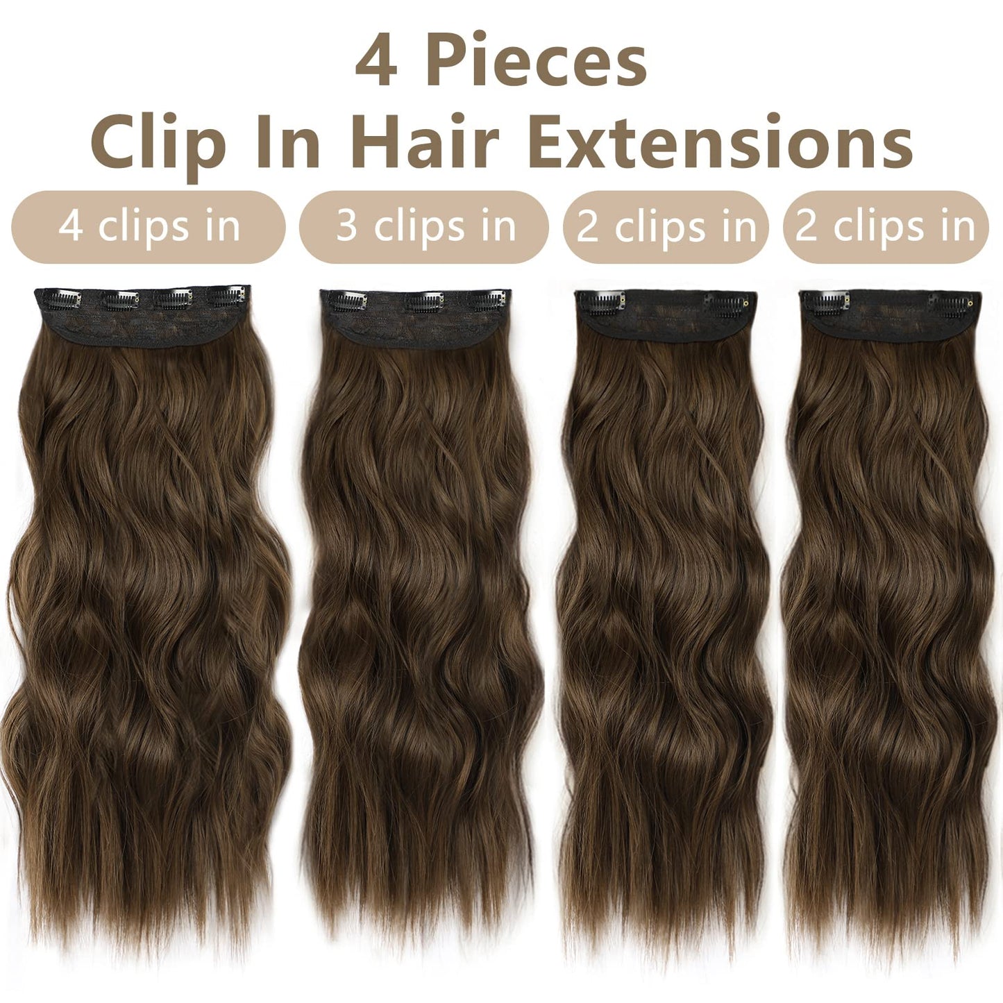 ALXNAN Clip in Hair Extension,Long Wavy Hair Extensions 20 Inch Chestnut Brown 4PCS Thick Hairpieces for Women