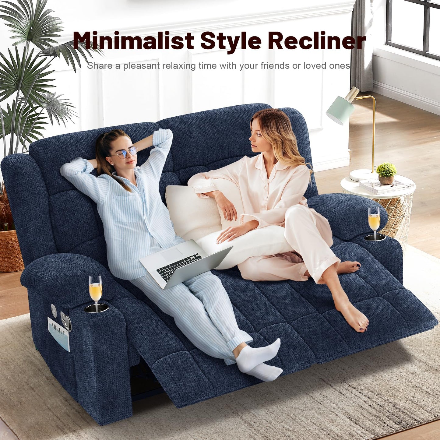 IROSTAE Loveseat Recliner Sofa, 2 Seater Minimalist Style Fabric Manual Pull Tab Reclining Loveseat with USB Charge Ports, Cup Holders, Recliner Love Seat Couches for Living Room, RV, Blue