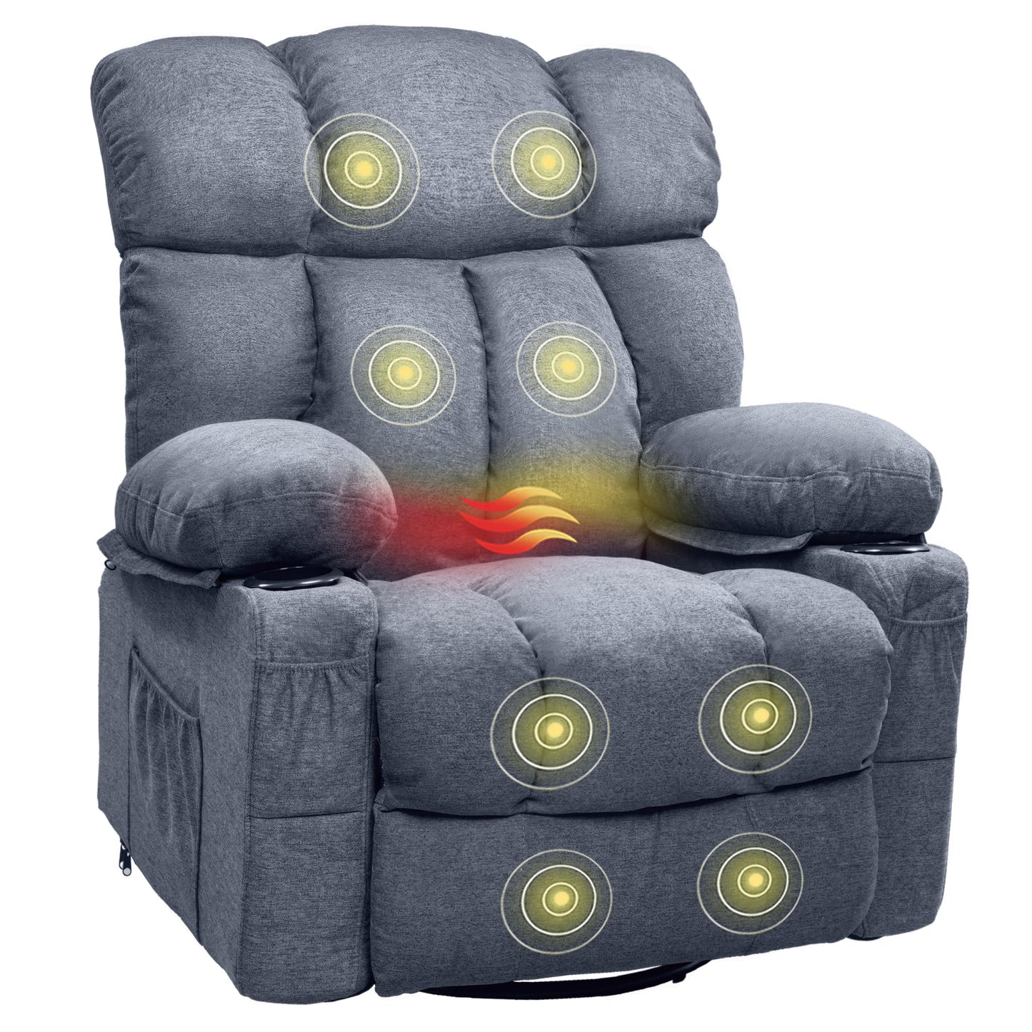 FLEXISPOT 360° Swivel Rocker Recliner, Oversized Massage Rocker Recliner Chair with Heating, Cup Holders, USB Charging Port, Swivel Glider Sofa for Living Room Nursery, Blue (XRC3)