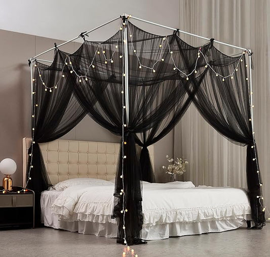 Mengersi Canopy Bed Curtains Bed Canopy with Lights for Girls, Bed Netting Unique Style 4 Door Mosquito Net for Adults Women Bedroom Decor (Black+Lights, King)