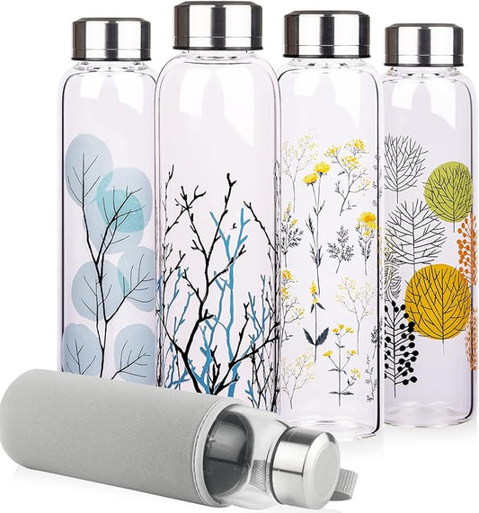 Borosilicate Glass Water Bottle, Sports Glass Drinking Bottle with Neoprene Sleeve and Stainless Steel Lid 16oz / 32oz (32oz, Tree Branche)
