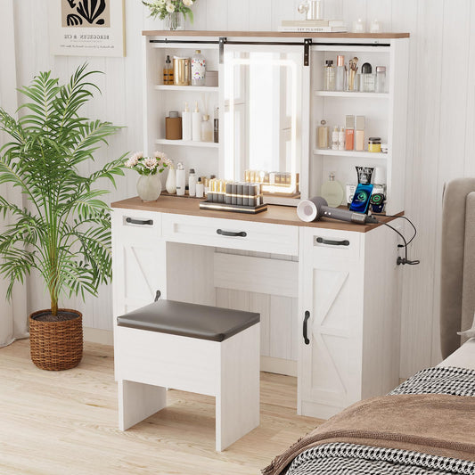 ALBAD Vanity Desk with Mirror and Lights Farmhouse Makeup Vanity Desk with Sliding Mirror and Vanity Stool Set Rustic Vanity Dresser with Organization and Storage Drawers and Power Outlet White