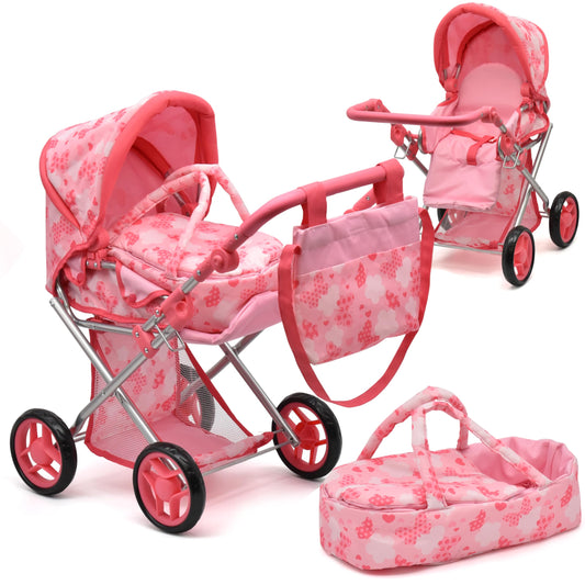 Baby Doll Convertible Pram Stroller with Removable Travel Bassinet Carrier for Kids Adjustable Handle Buggy Carriage with Canopy and Storage Basket 25 Inch Pink