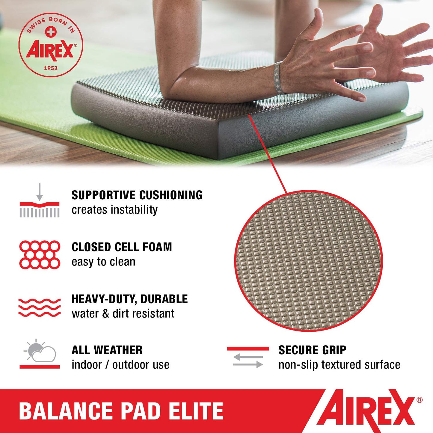 AIREX Elite Premium Non Slip Foam Balance Pad with Waterproof and Tear Proof Design for Workouts, Physical Therapy, and More, Lava Gray