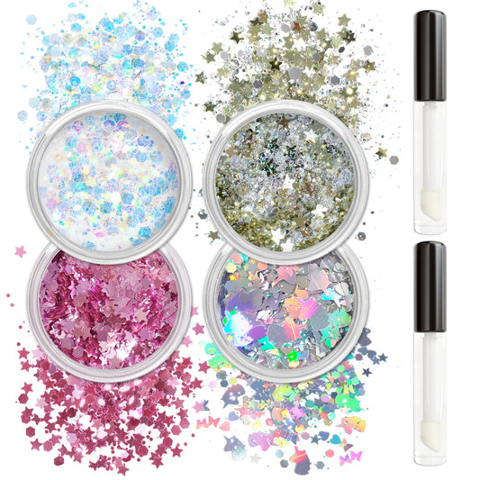 Allstarry Holographic Chunky Body Glitter 4 Colors Cosmetic Face Glitter Face Paint Festival Hair Sequins Sparkle Eye Flakes Unicorn Rave Accessories with Body Glue for Women Makeup Nails DIY Crafts