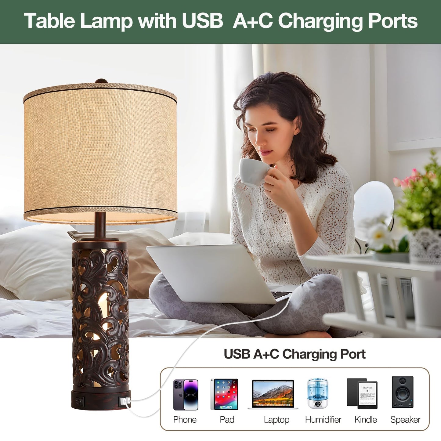 AIDENOEY Set of 2 Table Lamps with Night Light, 28" Farmhouse Table Lamp with USB A+C Ports,Brown Ceramic Bedside Lamp with Fabric Shade for Living Room,Bedroom,Home,Office(2 Bulbs Included)