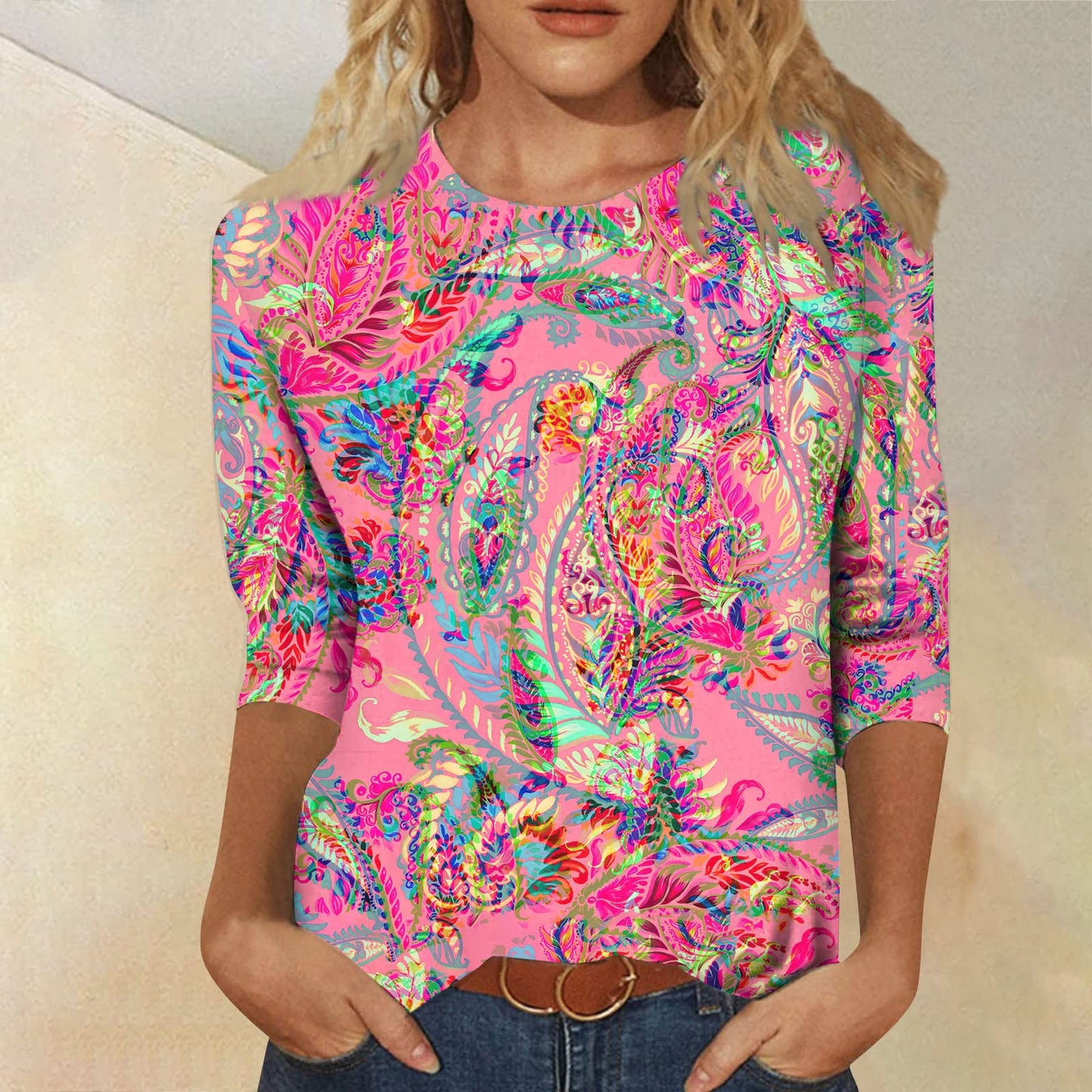 Sleeveless Plus Size Tops for Women 3/4 Length Sleeve Womens Tops 2024 Floral Print Vintage Casual Loose with Round Neck Plus Size Shirts