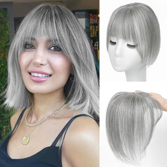 Amchoice Hair Toppers for Women Real Human Hair, Bangs Hair Clip 360° 3D Cover Human Hair Topper with Bangs, Human Hair Toppers for Women Daily (Gray, 3D Wispy Bangs (5 * 9))