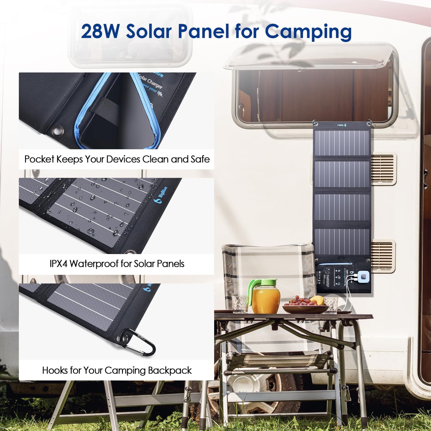 BigBlue Portable Solar Charger 28W with Digital Ammeter, 25.4% High-Efficiency, Dual USB Ports, Folding Waterproof Solar Panels with Carabiners for Camping, Backpacking, Phones, Tablets, Power Bank