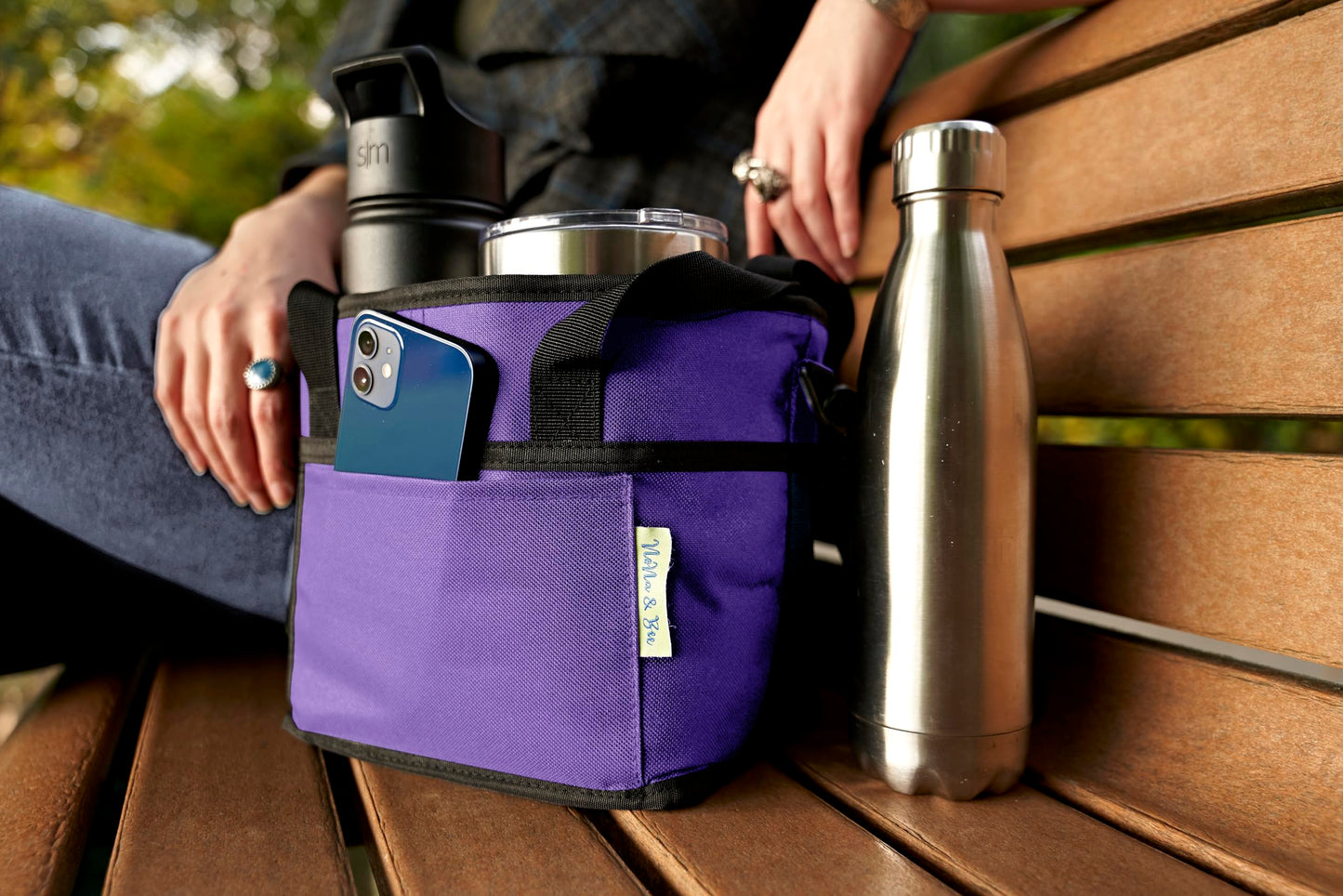 4 Water Bottle Holder with Strap | Family Size 4 Compartment Drink Bag, Multiple Tumbler Carrier Caddy | Adjustable Fits Large & Small Drinks | Hands Free, Won't Tip Over in Car (Purple)