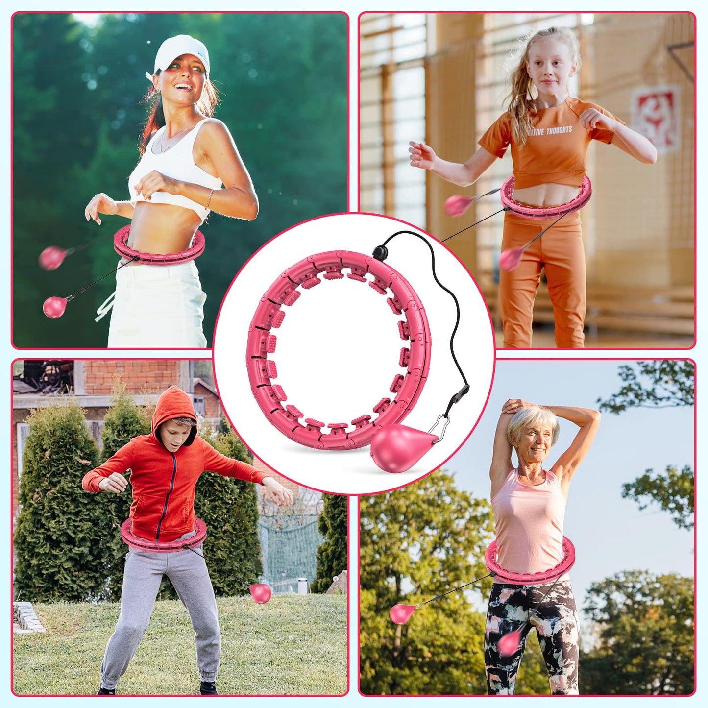 APzek 32 Knots Smart Weighted Exercise Hoop Plus Size, Adjustable Huula Hoop with Extra Links for Adults and Beginners, 2 in 1 Fitness Massage Non Fall Hooola Hoop with Spinning Ball - Pink