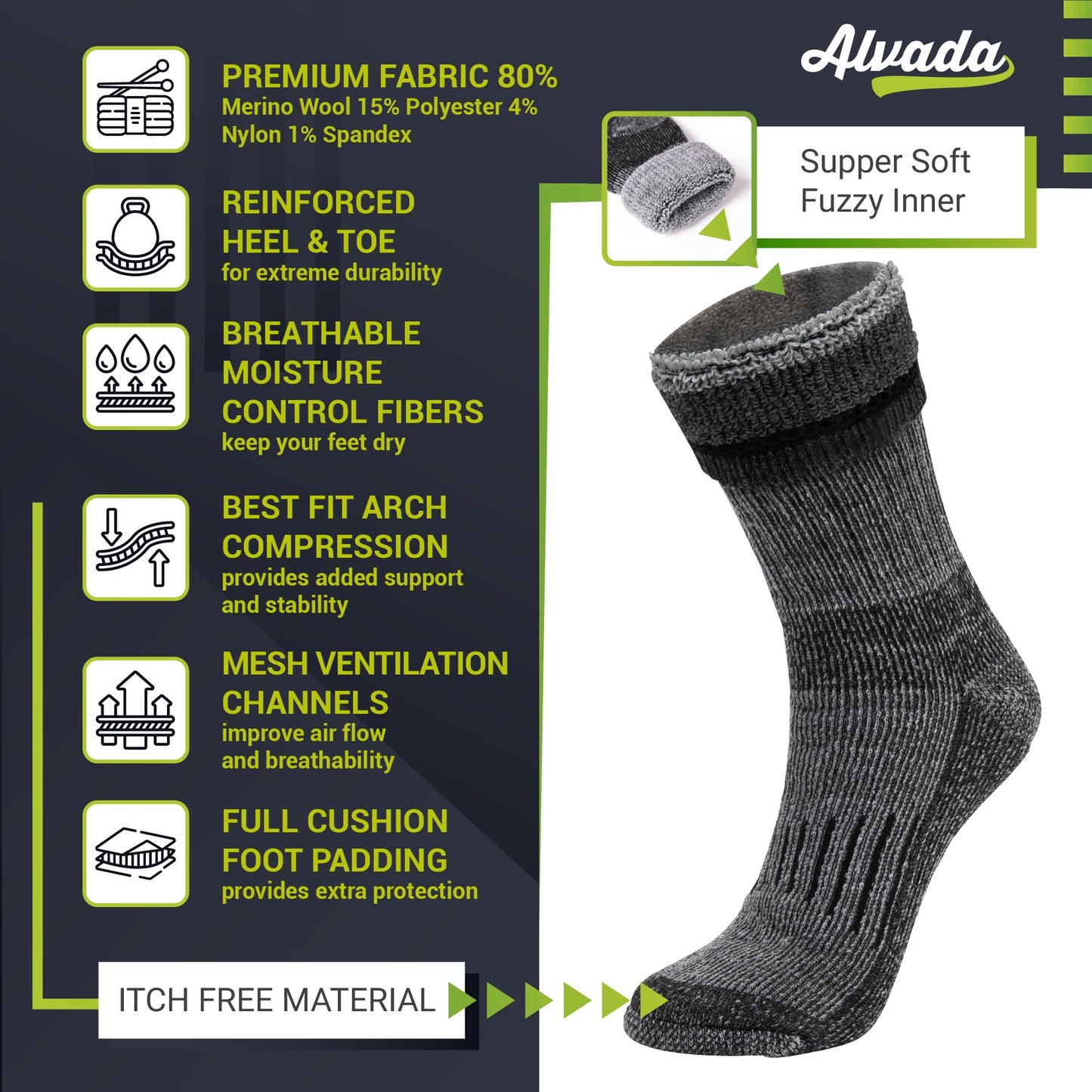 Alvada Warm Thermal Wool Socks for Winter Moisture Wicking and Breathable Cozy Boot Socks Charcoal LXL