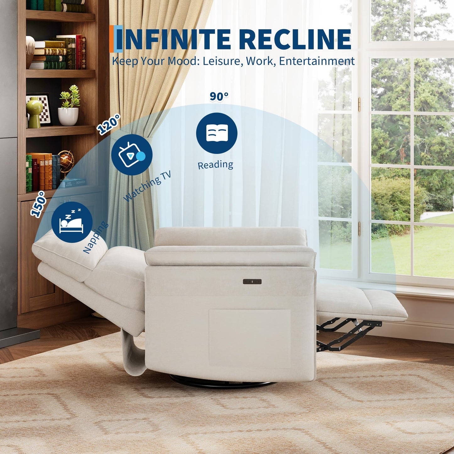 GarveeHome Power Recliner Chair Swivel Glider Upholstered Chenille Nursery Rocker Reclining Sofa Chair with Charging Port, Double-Layered Armrests & Side Pocket for Living Room and Bedroom (Beige)