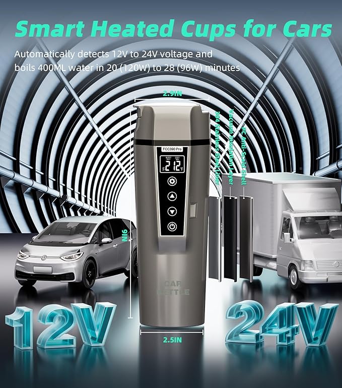 Portable Electric Car Kettle: 12V/24V Kettle Mini Water Boiler for Car Heated Travel Mug,Smart Precision Temperature Adjustment Coffee Tea Truck Cup with Handy Kettle Bag (Taupe, 400ML)