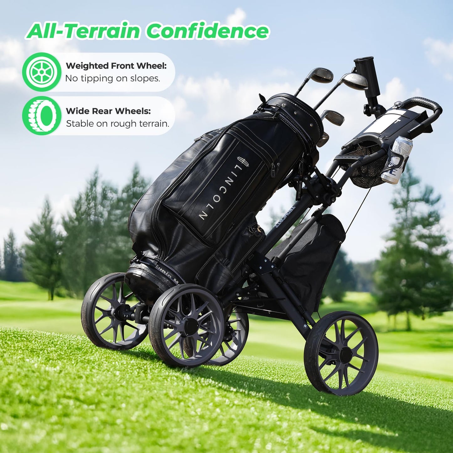 Tedycatt 4 Wheels Golf Pull Cart, Upright Light Quad Golf Roller Cart with Foot Brake, Quick Fold with Cup, Phone & Umbrella Holder, Cooler Bag, Gray