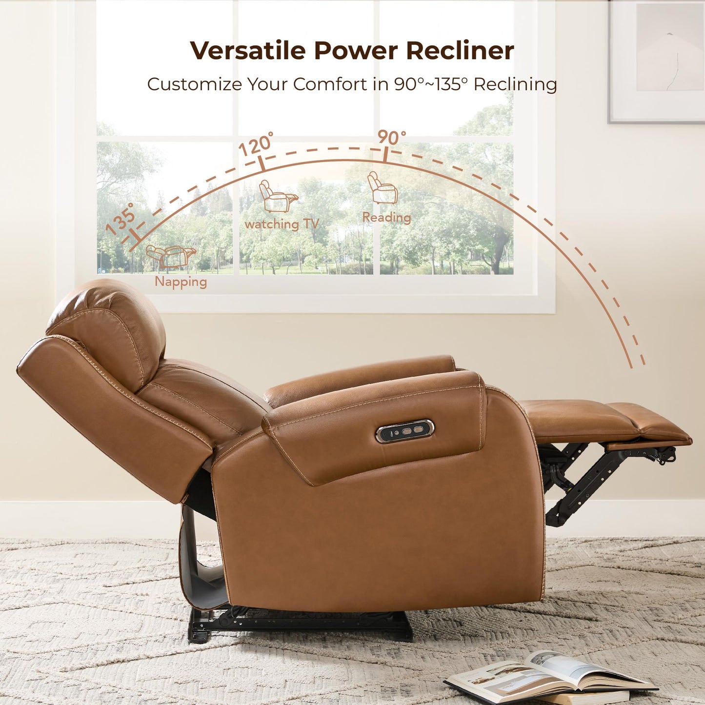 CHITA Genuine Leather Power Recliner Chair for Adults, Electric Wall Hugger Recliner with Adjustable Power Headrest & USB/Type-C Ports, Compact for Small Spaces & Living Rooms, Saddle Brown