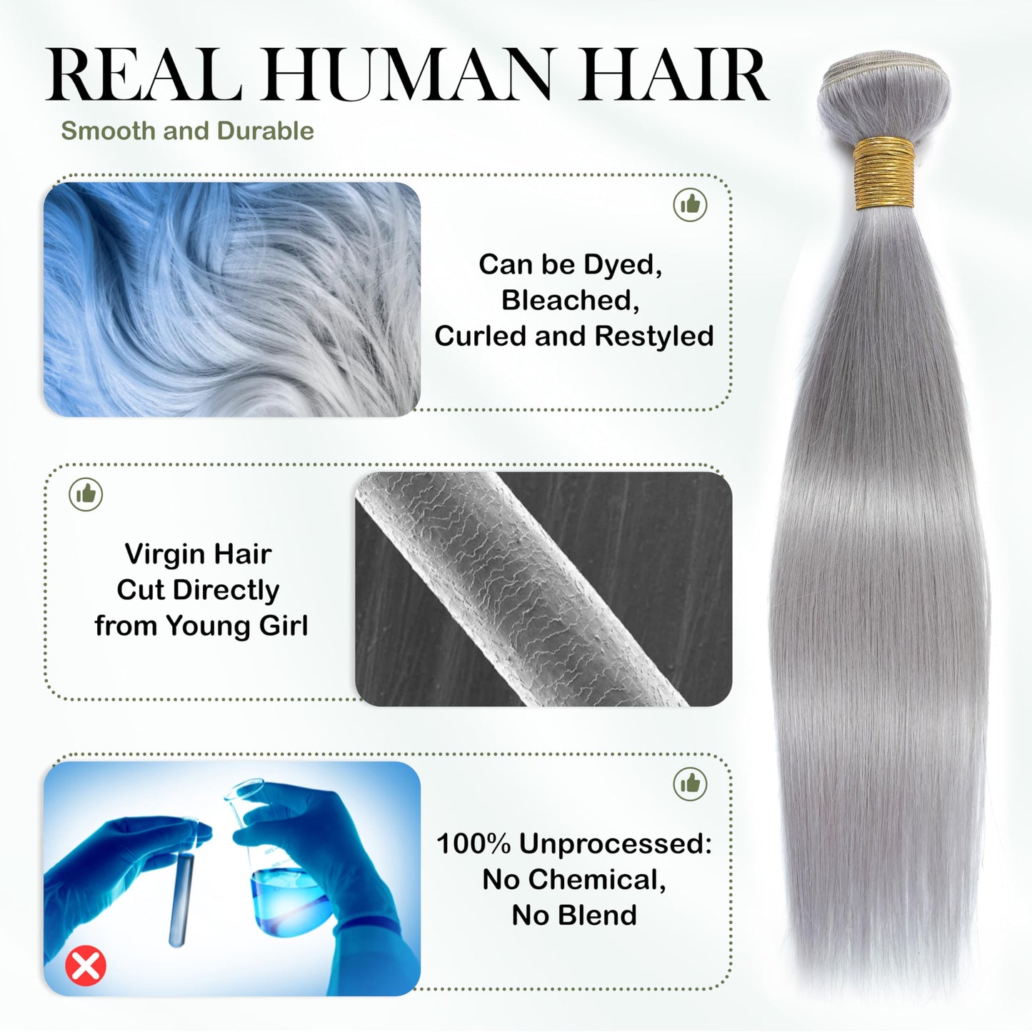 ANMETAN Grey Color Bundles Human Hair, Short Human Hair Bundles 10A 100% Unprocessed Virgin Remy Hair Lavender Colored Bundles Straight Silver Gray Human Hair Weave 3 Bundles 12 14 16 Inch for Women