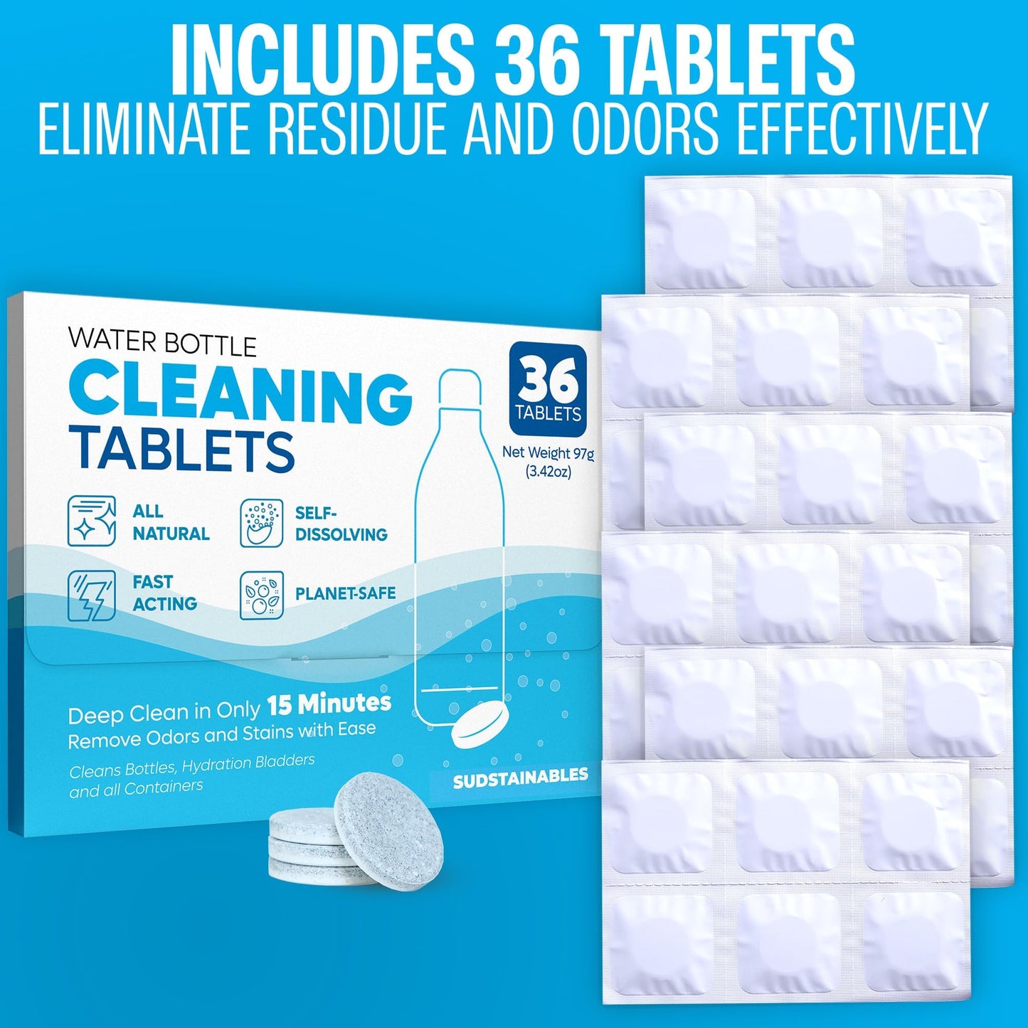 Sudstainables Water Bottle Cleaning Tablets – 36-Pack, Chlorine-Free and Odorless Cleaner for Hydration Bladders, Stainless Steel, Tumblers, and Glass Bottles - Removes Stubborn Stains and Odors