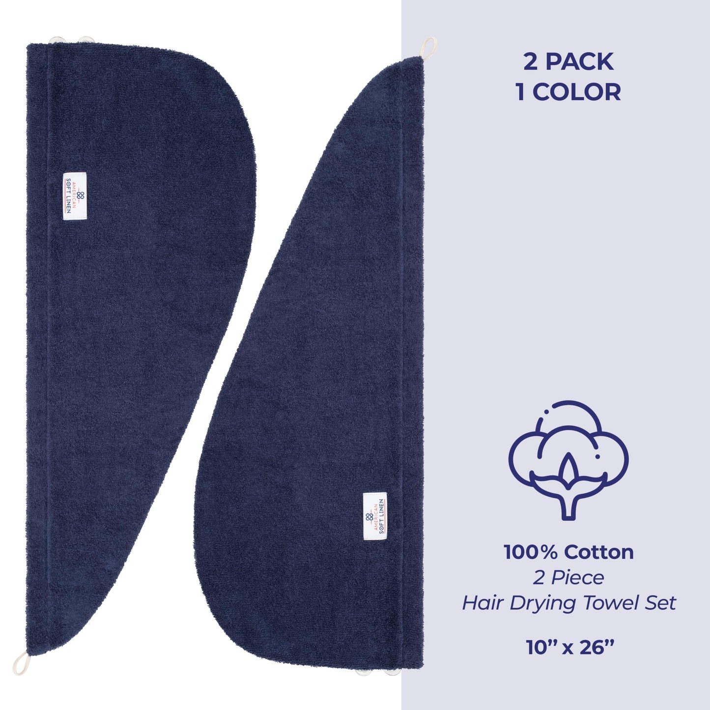 American Soft Linen 100% Cotton Hair Towels for Women, Head Towel Cap, Cotton Hair Turban Towel Wrap for Long Curly Anti Frizz Hair, Soft and Absorbent Cotton Hair Towels 2 Pack, Navy Blue