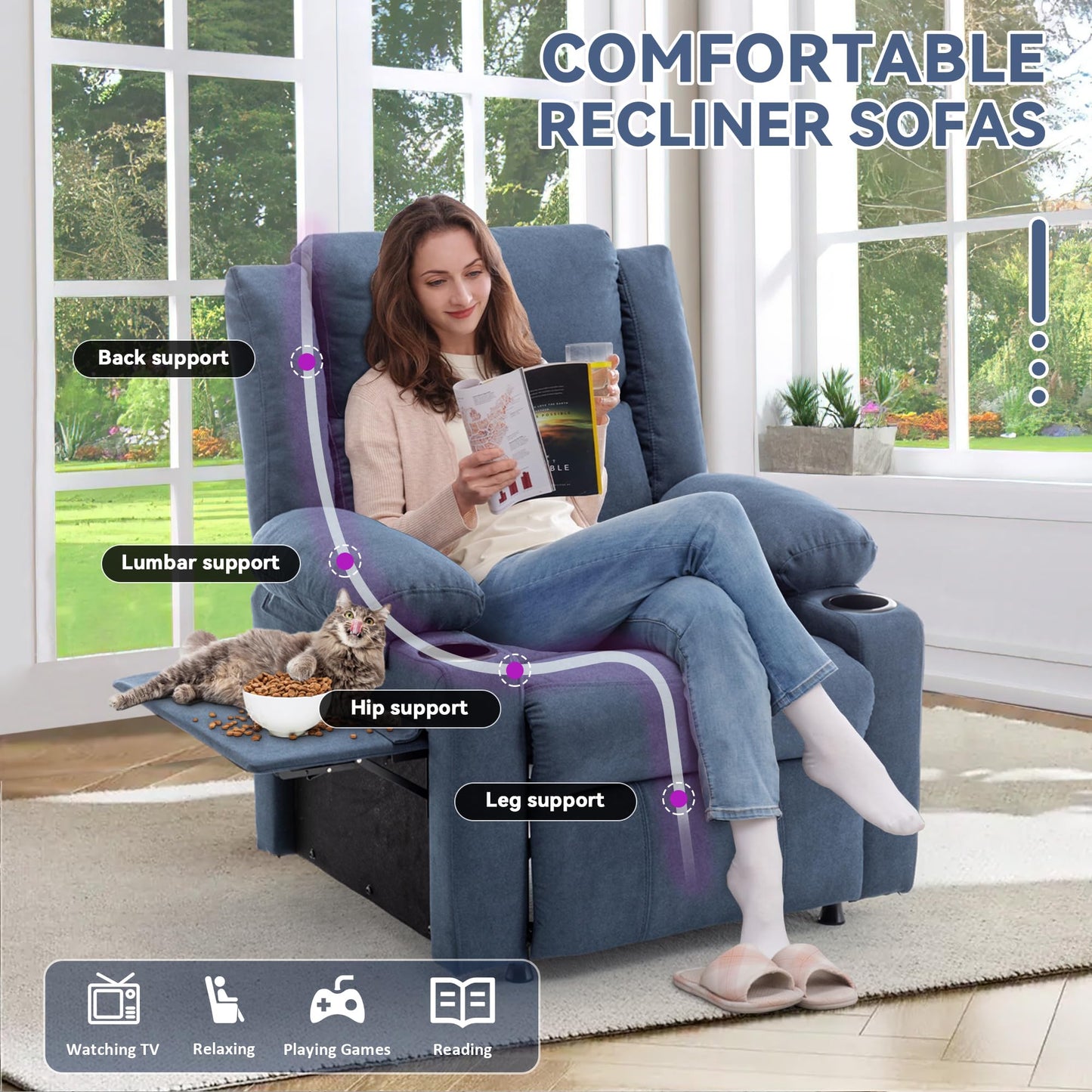 Andeworld Power Recliner Chair,Reclining Sofa Chair with Heat and Massage for Adults, Upholstered Heating Point Theater Seating Single Sofa with Side Pockets Sidetable for Living Room, Blue