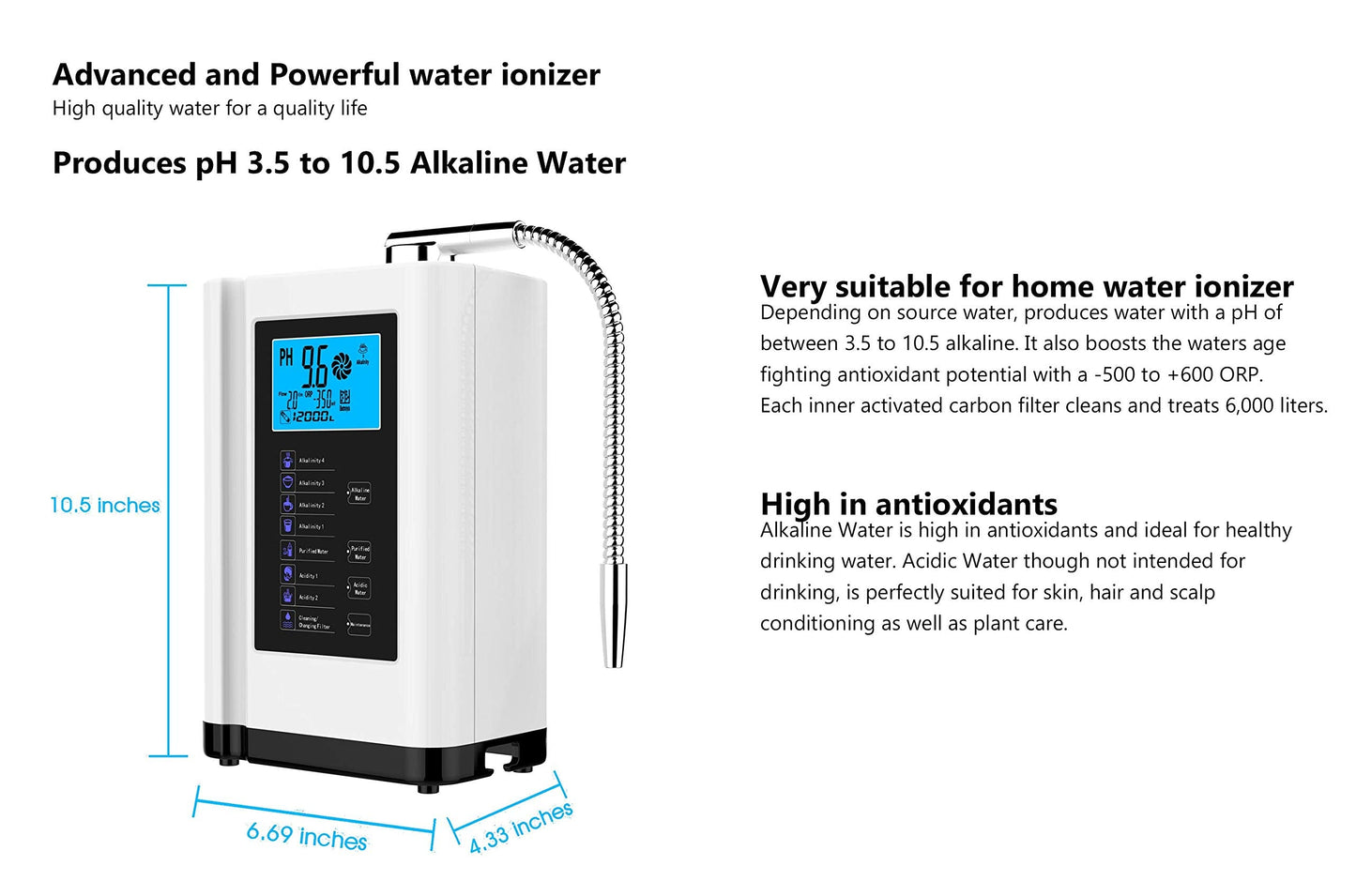 AlkaDrops Water Ionizer, Water Purifier Machine PH 3.5-10.5 Alkaline Acid Water Machine,Up to -500mV ORP, 8000 Liters Per Filter,7 Water Settings,Auto-Cleaning,Intelligent Voice