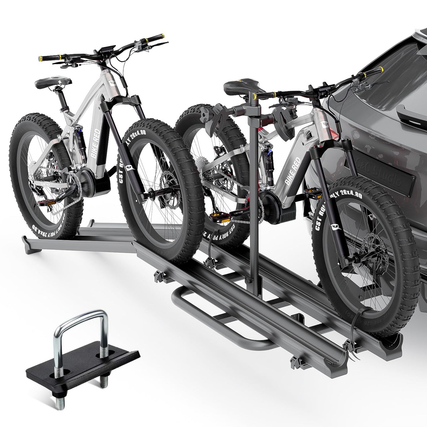 YZONA 2 EBike Rack with Ramp, up to 5" Fat Tire Carrier, Lockable & Foldable Bike Racks, 200 LBS Capacity Electric Bicycles Racks Platform for Standard, Fits 2" Hitch for SUVs Cars Trucks Vans