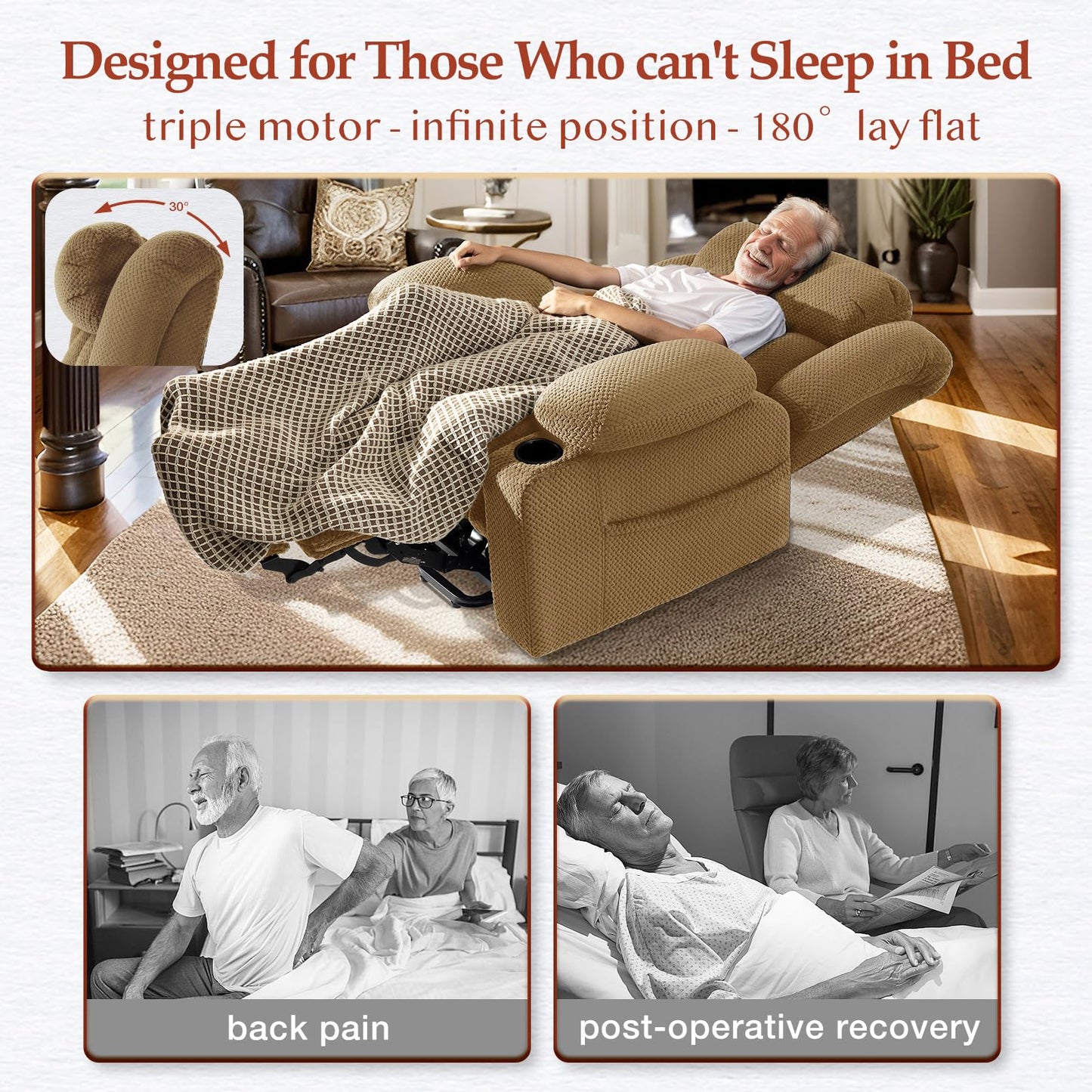 Neioml 2 Set Triple Motor Large-Wide Power Lift Recliner Chair for Elderly Big and Tall, Lay Flat, Heat and Massage, Infinite Position, Power Headrest,Plush Flannel, Set of 2 - (Beige)
