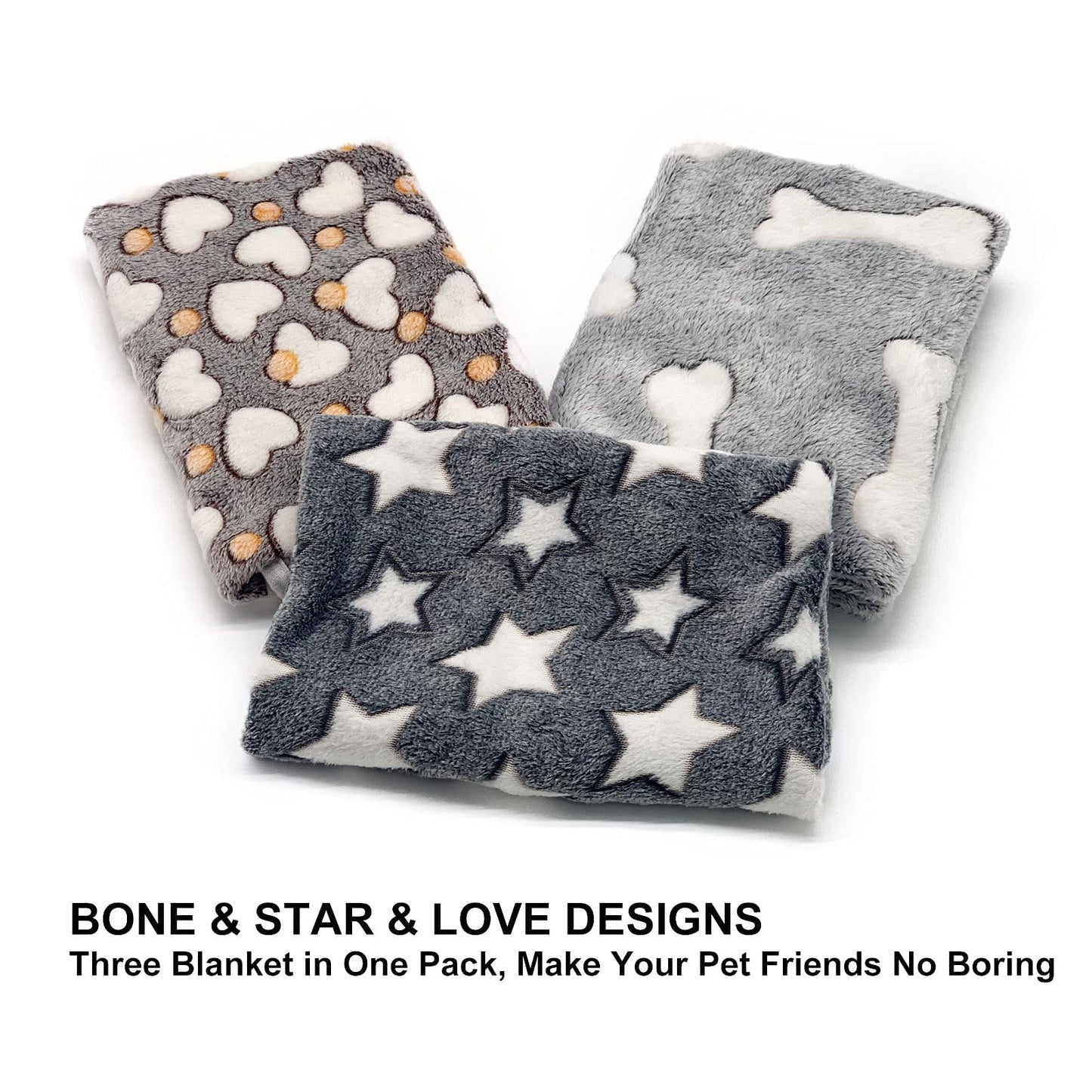 1 Pack 3 Puppy Blankets Super Soft Warm Sleep Mat Grey Cute Print Fluffy Fleece Pet Flannel Throw Dog Blankets for Small Dogs Cats,Star&Bone&Love- Small (23"x15")