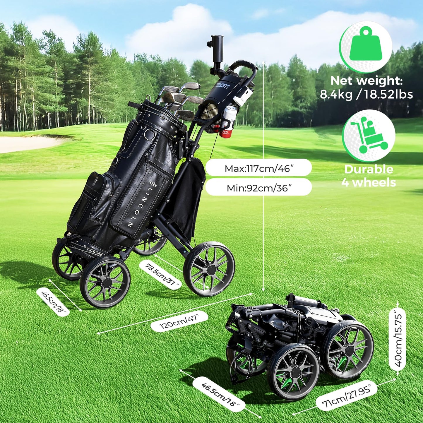 Tedycatt 4 Wheels Golf Pull Cart, Upright Light Quad Golf Roller Cart with Foot Brake, Quick Fold with Cup, Phone & Umbrella Holder, Cooler Bag, Gray