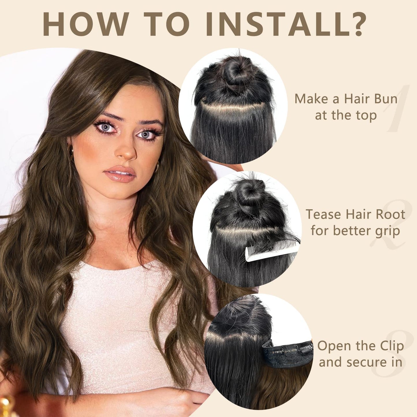 ALXNAN Clip in Hair Extension,Long Wavy Hair Extensions 20 Inch Chestnut Brown 4PCS Thick Hairpieces for Women