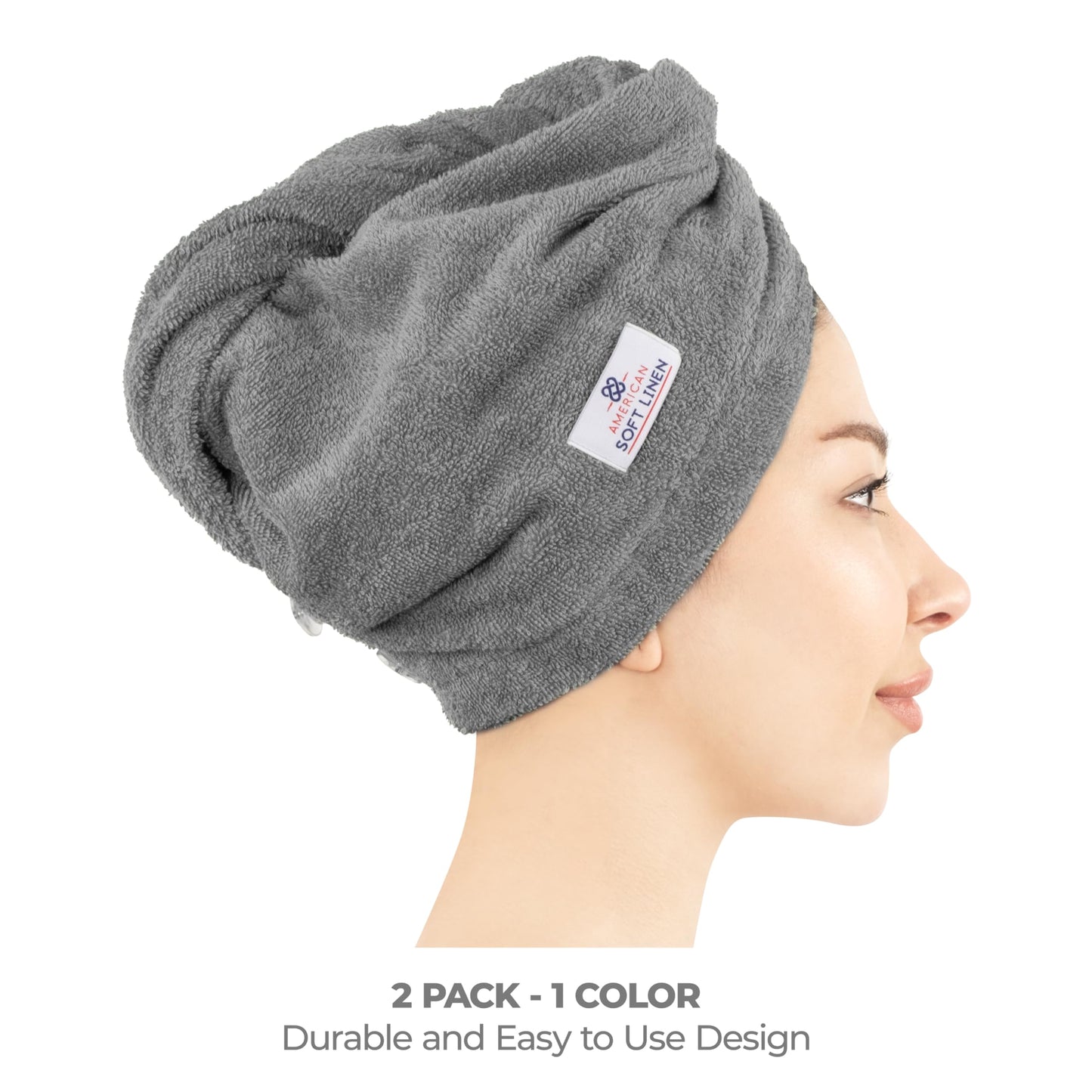 American Soft Linen 100% Cotton Hair Towels for Women, Head Towel Cap, Cotton Hair Turban Towel Wrap for Long Curly Anti Frizz Hair, Soft and Absorbent Cotton Hair Towels 2 Pack, Dark Gray