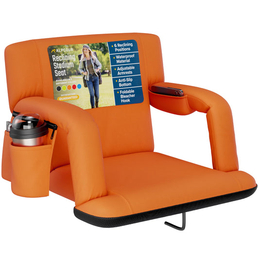 Alpcour Reclining Stadium Seat – Wide Bleacher Chair with Back Support and Cushion, Armrests, Side Pockets, and Bleachers Hook – Best Stadium Seats Chairs for Camping, Kayak, & Paddle Board Backs