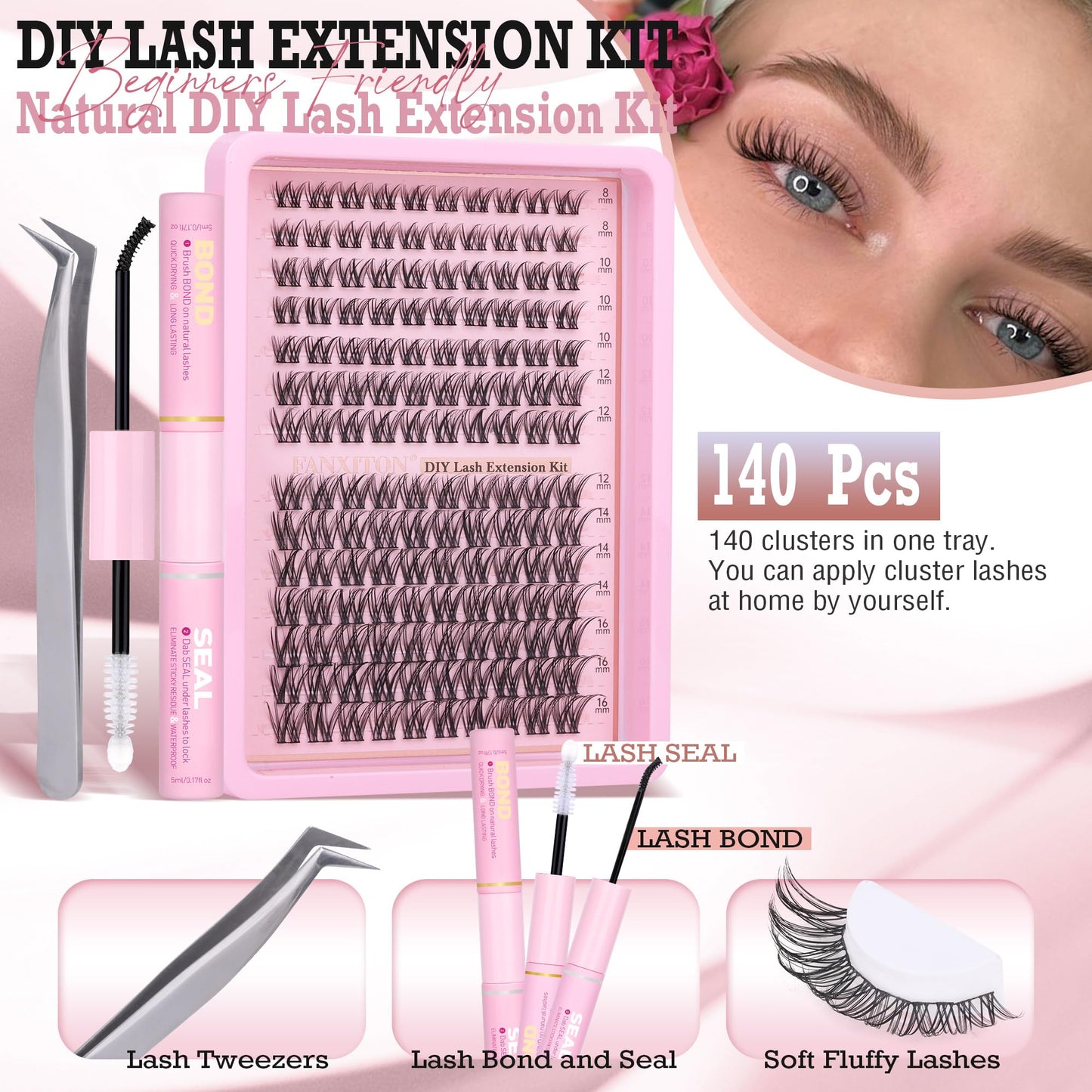 Natural Lash Extension Kit 8-16mm Lash Clusters Wispy Eyelash Clusters Waterproof Lash Clusters C Curl Cluster 144pcs with Bond and Seal Lash Glue and Eyelash Extension Tweezers DIY at Home