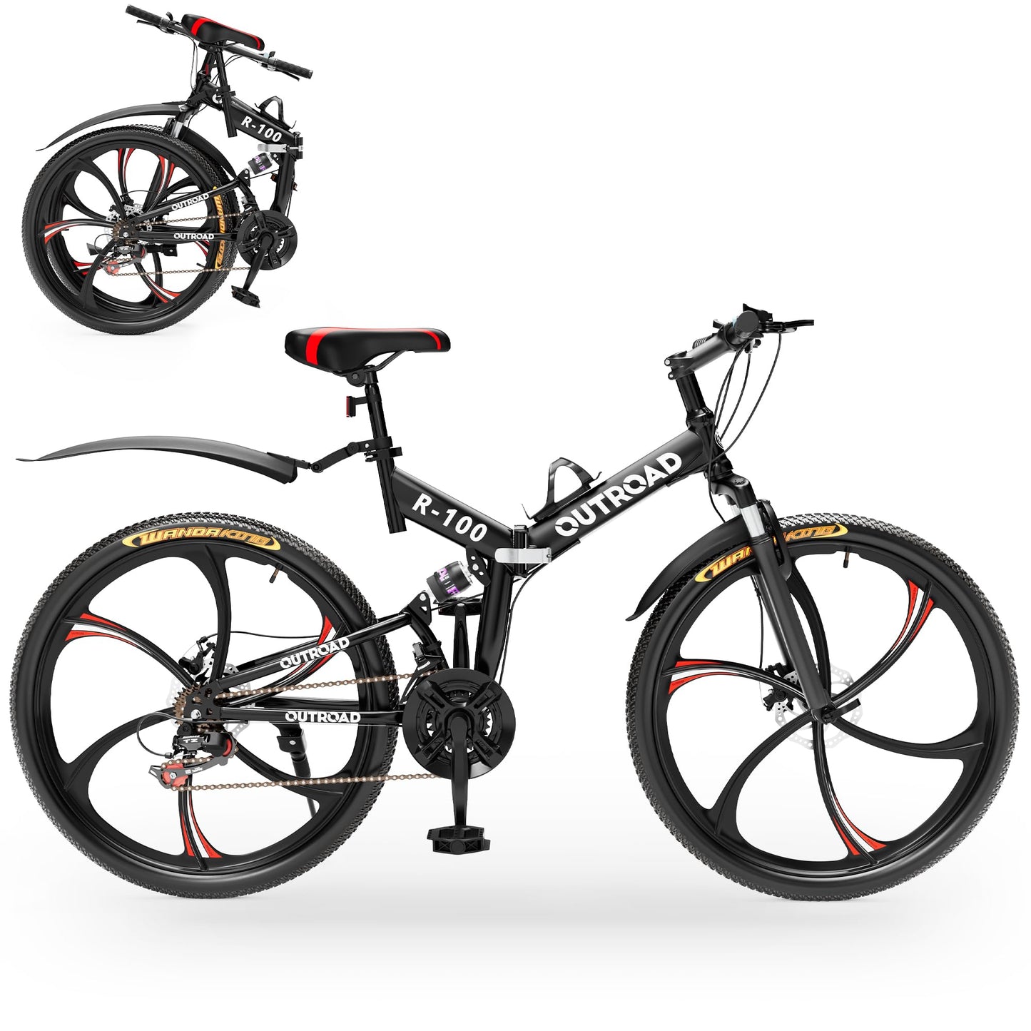 Outroad 26 Inch Folding Mountain Bike, 21 Speed Dual Disc Brake Non-Slip Folding Bikes, Full Suspension High-Carbon Steel MTB Foldable Bicycle for Adults/Men/Women, Black