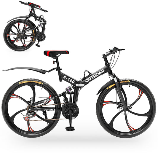 Outroad 26 Inch Folding Mountain Bike, 21 Speed Dual Disc Brake Non-Slip Folding Bikes, Full Suspension High-Carbon Steel MTB Foldable Bicycle for Adults/Men/Women, Black