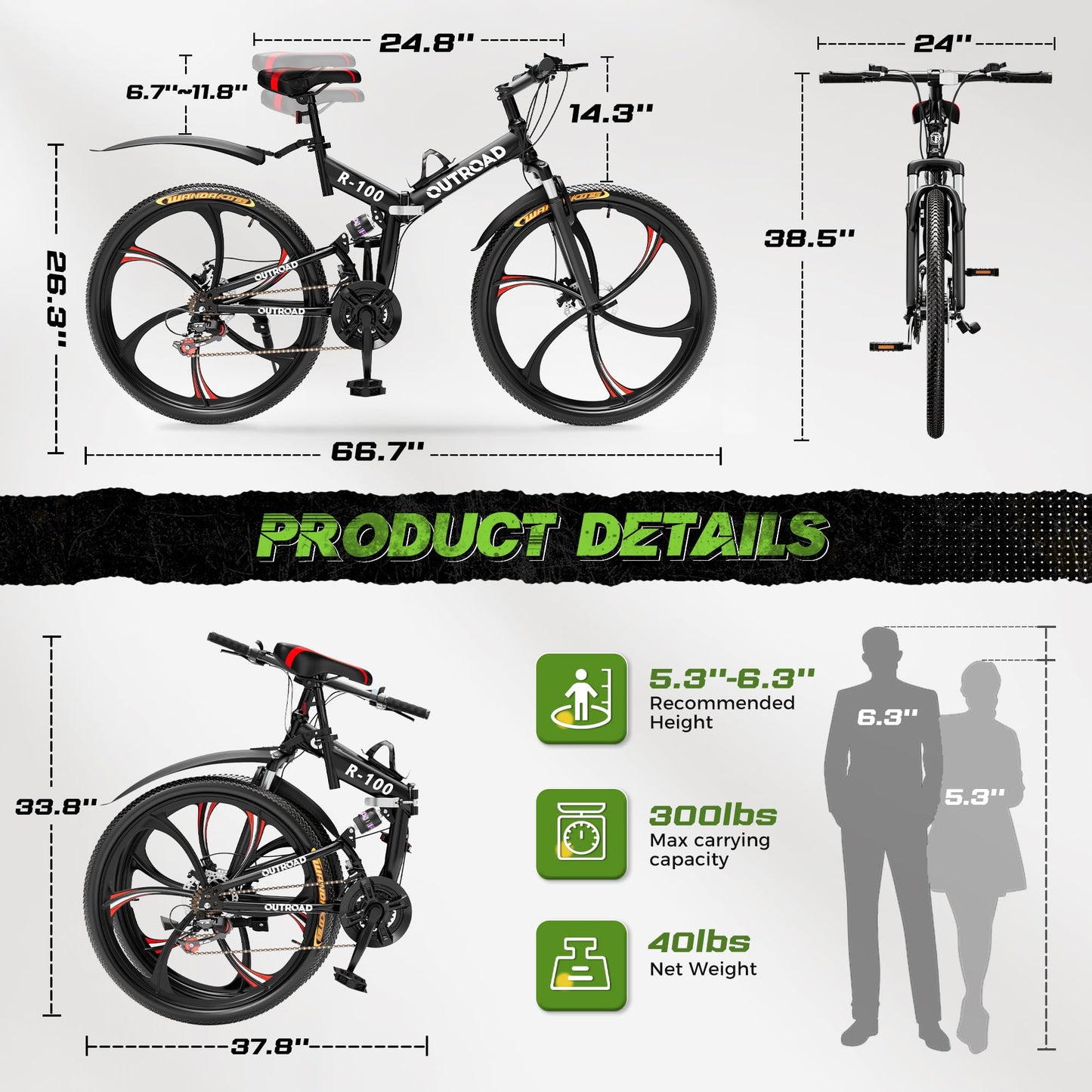 Outroad 26 Inch Folding Mountain Bike, 21 Speed Dual Disc Brake Non-Slip Folding Bikes, Full Suspension High-Carbon Steel MTB Foldable Bicycle for Adults/Men/Women, Black