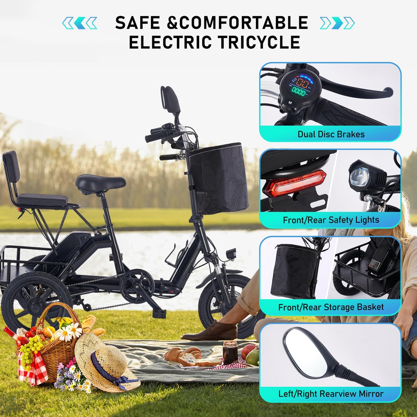 Electric Tricycle for Adults Foldable, 350W(Peak 500W) Folding Electric Trike, 3 Wheel Bikes for Adults with 480Wh Removable Battery, Trike Ebike with 2 Seats and Large Basket for Seniors Women Black
