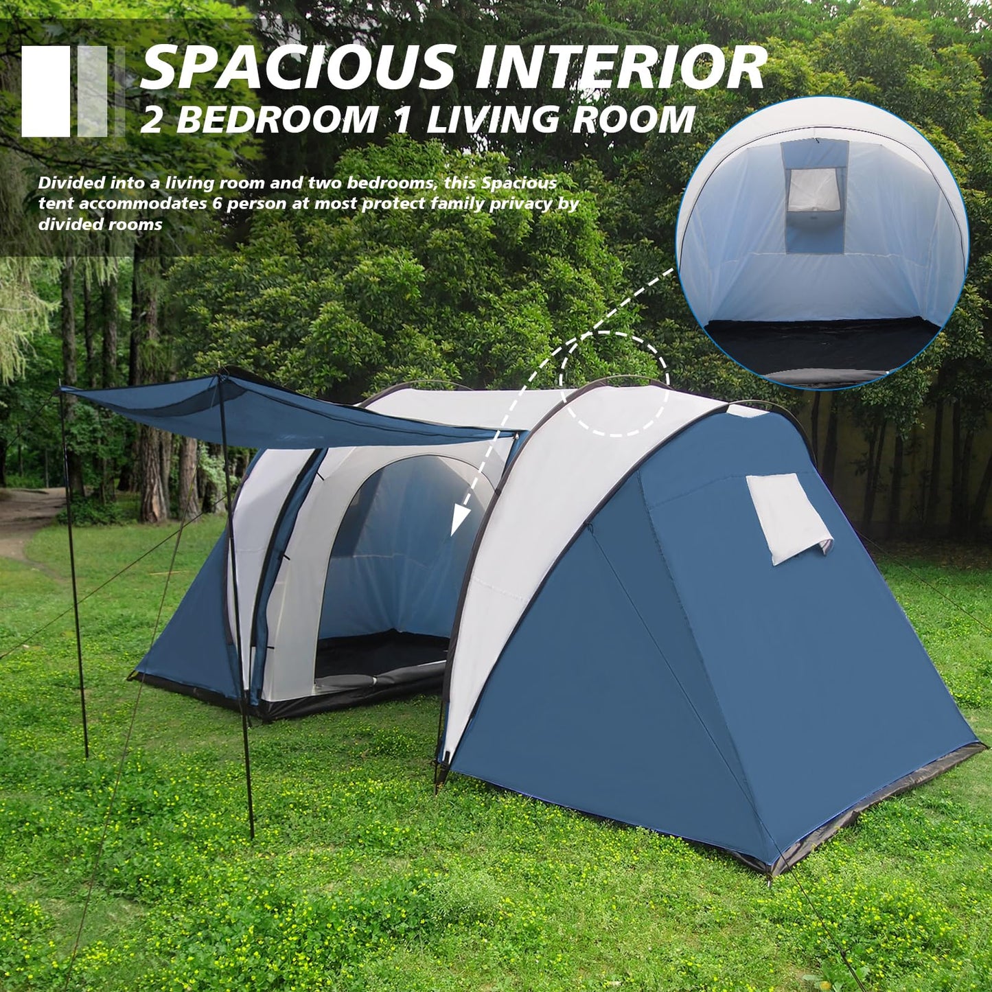 Thinlute 2-4 Person Family Camping Tent with Porch, Weatherproof Camping Shelter with Rainfly, 2 Room Easy Set Up Family Tent with Living Area for Outdoor, Backyard, Hiking