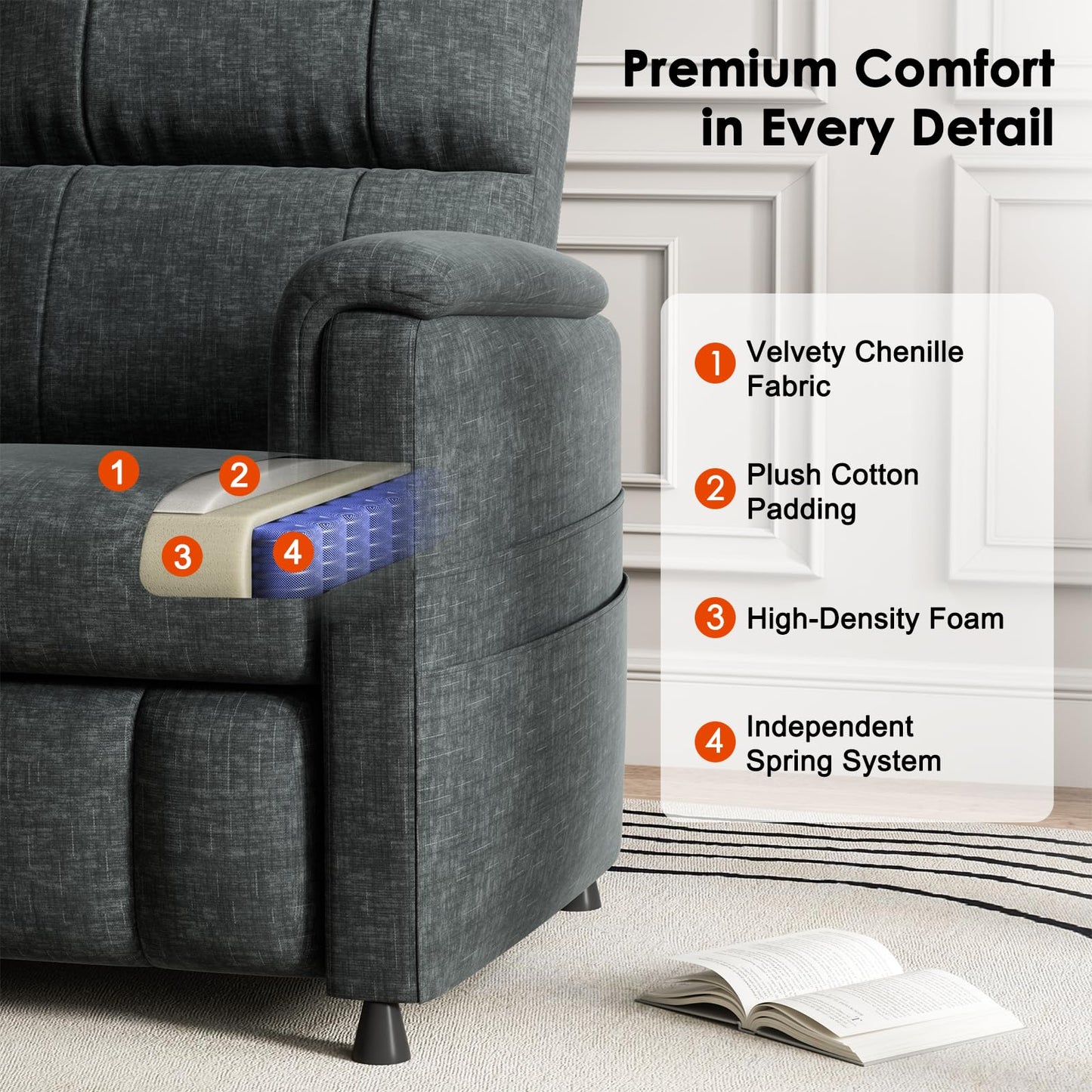 Amada Power Recliner Chair for Adults, Adjustable Modern Chenille Reclining Chair with Side Pockets, Remote, Footrest, Thick Seat Cushion for Home Theater, Living Room & Bedroom, RV (Dark Grey)