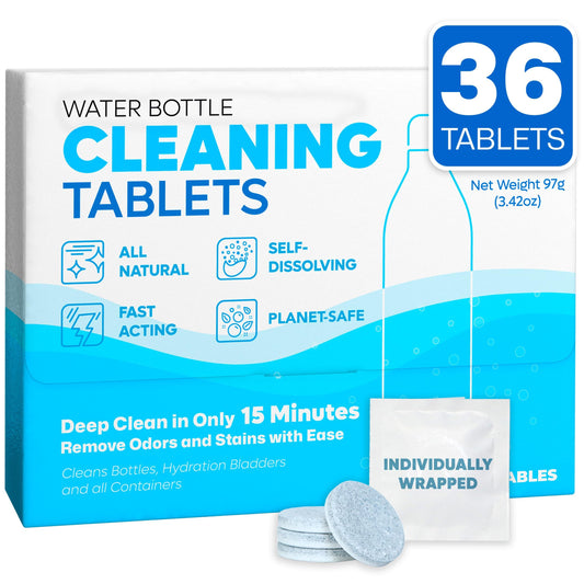 Sudstainables Water Bottle Cleaning Tablets – 36-Pack, Chlorine-Free and Odorless Cleaner for Hydration Bladders, Stainless Steel, Tumblers, and Glass Bottles - Removes Stubborn Stains and Odors